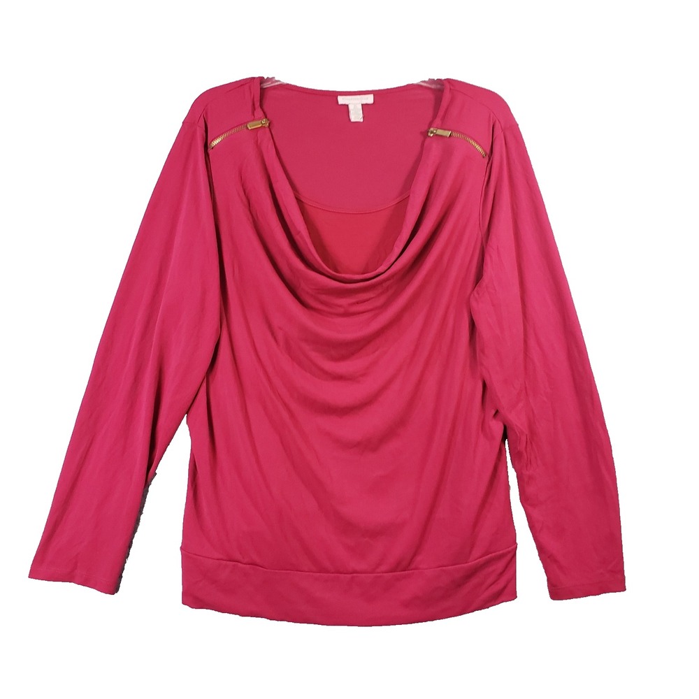 Charter Club Women's XL Raspberry Pink Cowl Neck Top Gold Zip Long Sleeve Knit